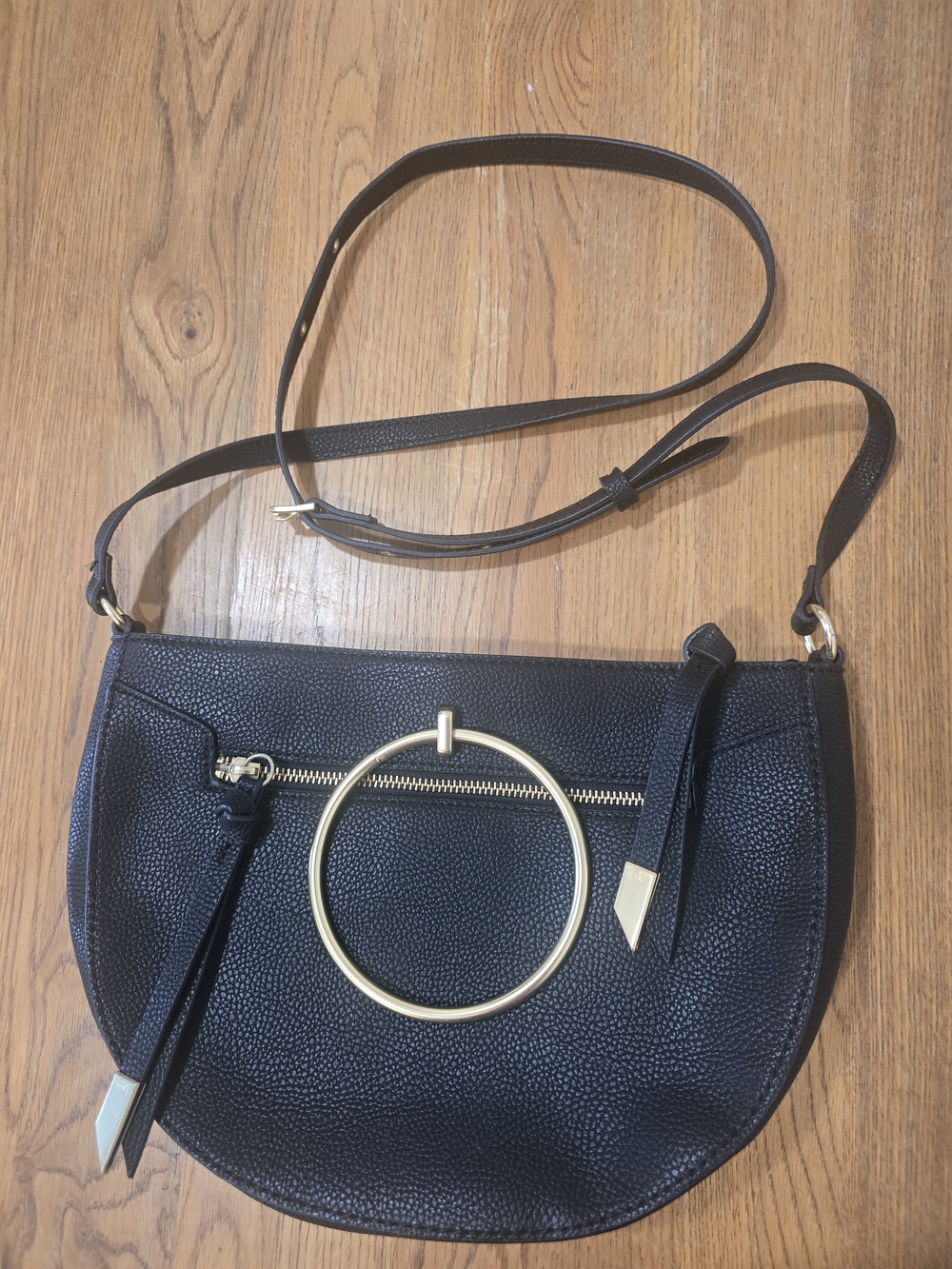 Foley + Corinna Black Pebbled Leather Crossbody with Gold Ring Handles